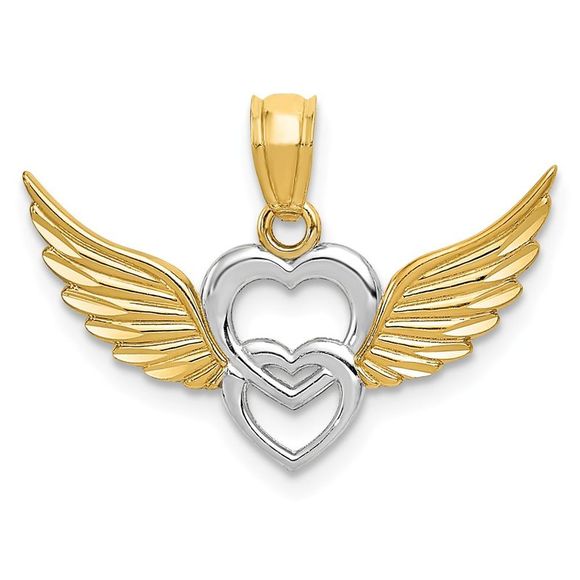 14k Yellow Gold & Rhodium Double Winged Hearts Necklace - 18 Inch